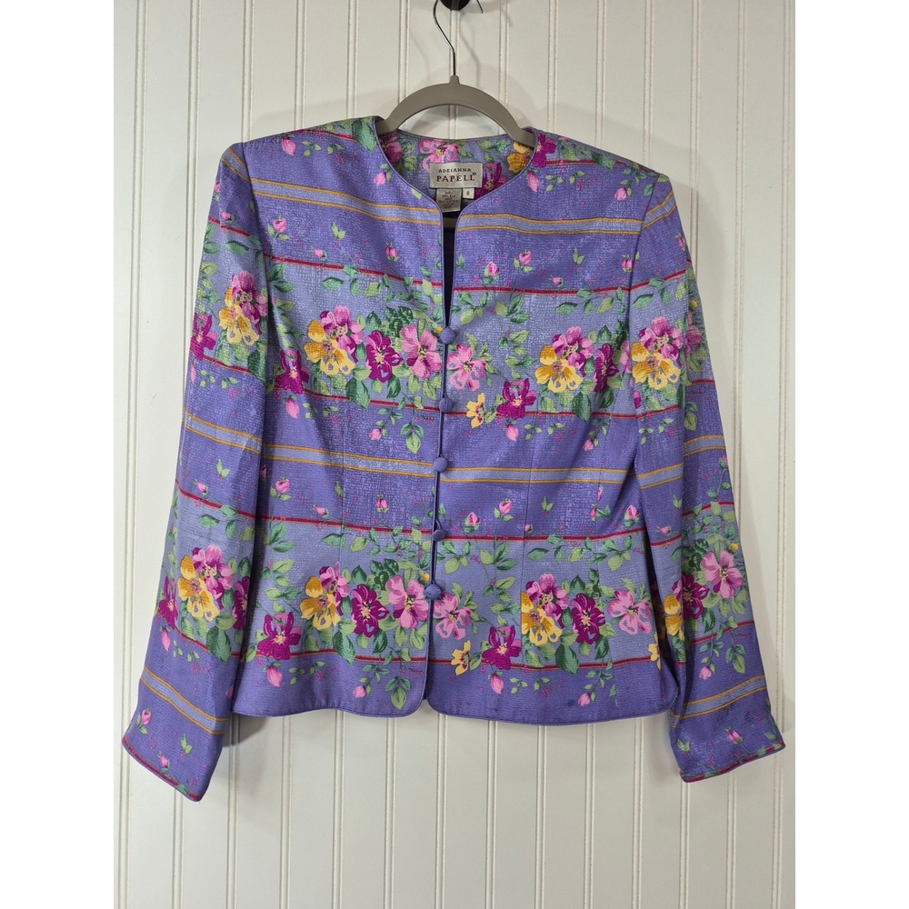 Vintage Adrianna Papell Purple Floral 100% Silk Blazer Evening Career Size 8